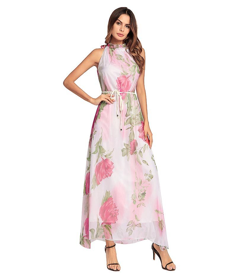 SZ60137 Pink Floral Printed Halter Maxi Dress